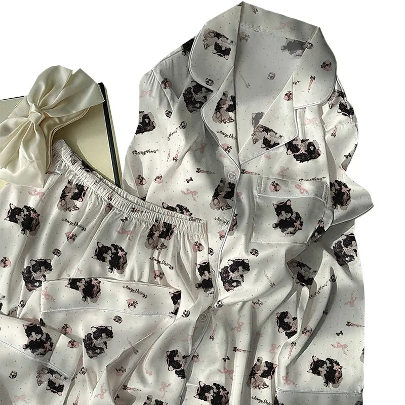 Women's Pajamas Set Fun Cute Print Sleepwear Button Lapel Neck Pajama 2 Piece Suit Pyjama Femme Nightwear Loungewear for Summer