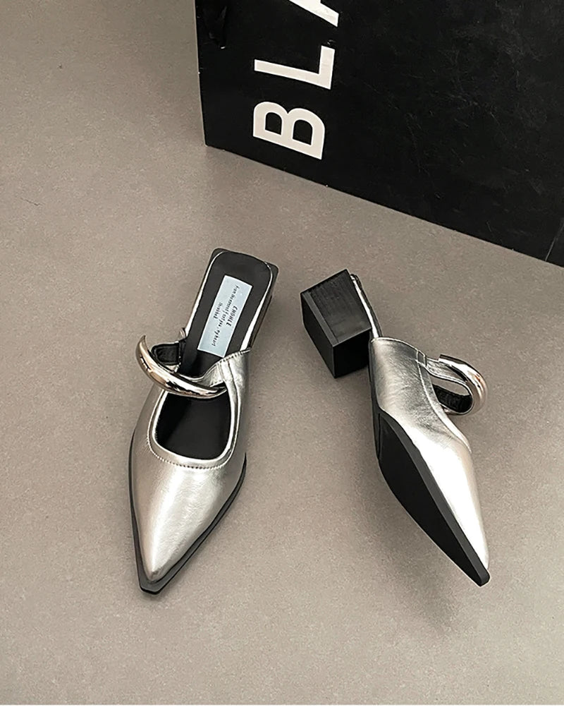 Summer Women Cover Toe Mules Slippers Fashion Metal Decoration Thick Heel Slide Shoes Comfort Street Style Footwear