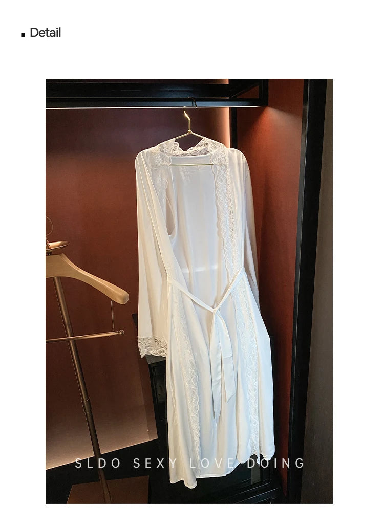 Wedding Bridal Bathrobe Big Lace Flower Nightie Wear Women Satin Kimono Long Loose Peignior Spring Autumn New Intimate Lingerie