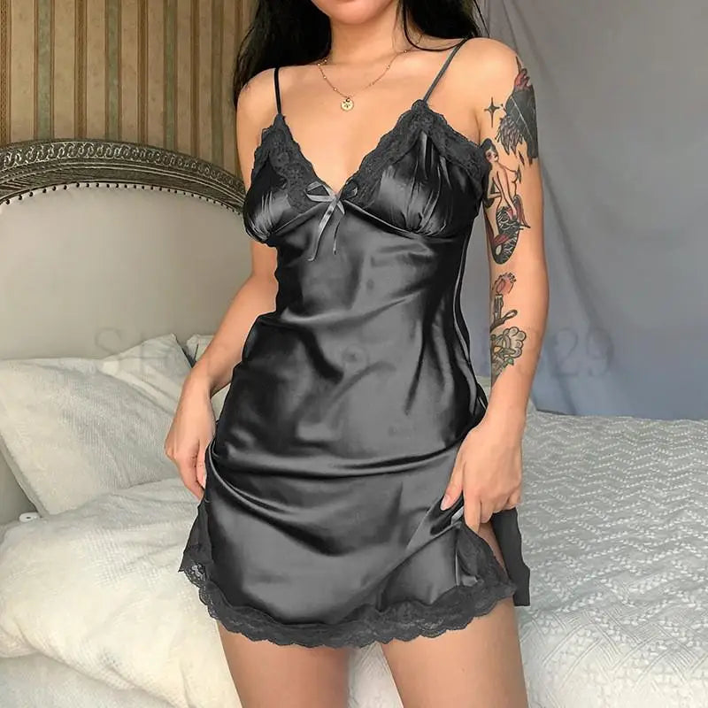Print Flower Chemise Sleepwear Nightgown Short Summer Sexy Spaghetti Sling Homewear Satin Lace Patchwork Female Nightdress
