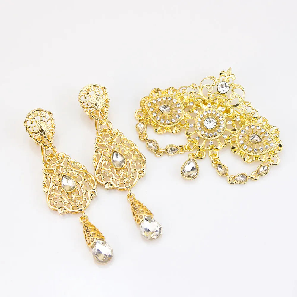 Sunspicems Gold Color Moroccan Jewelry Caftan Brooch Earring Sets For Women Chic Arabic Bridal Ethnic Wedding Bijoux Party Jewel