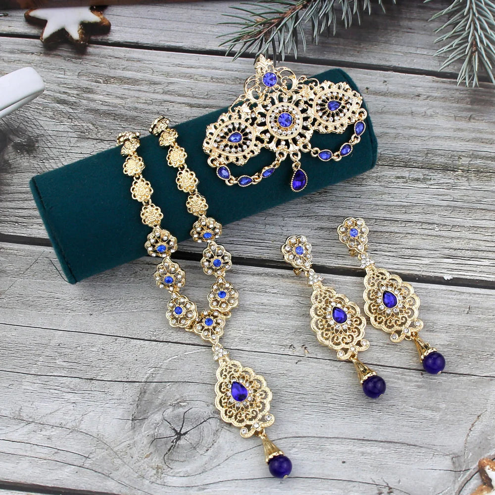 New Gold Color Algeria Bride Wedding Jewelry Set For Women Morocco Earring Necklace Brooch Arabic Traditional Jewelry