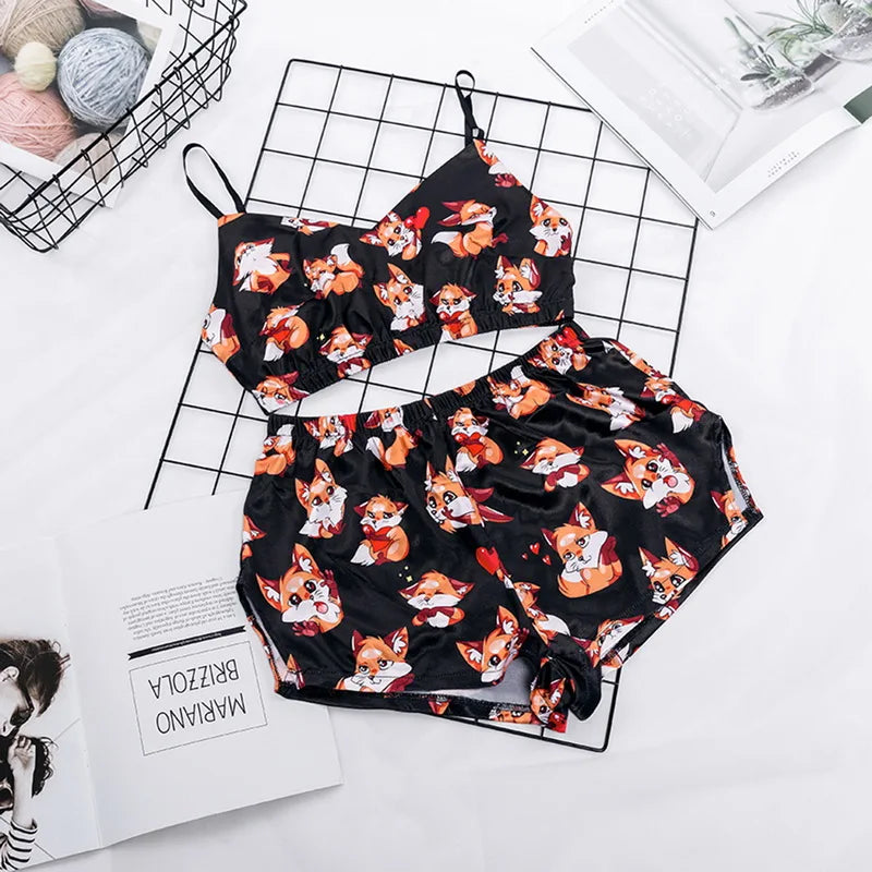 Cute Summer 2 Piece Set Women's Sexy Sleepwear Casual Satin Pajamas Female Cartoon Print Sleeveless Nightwear Homewear