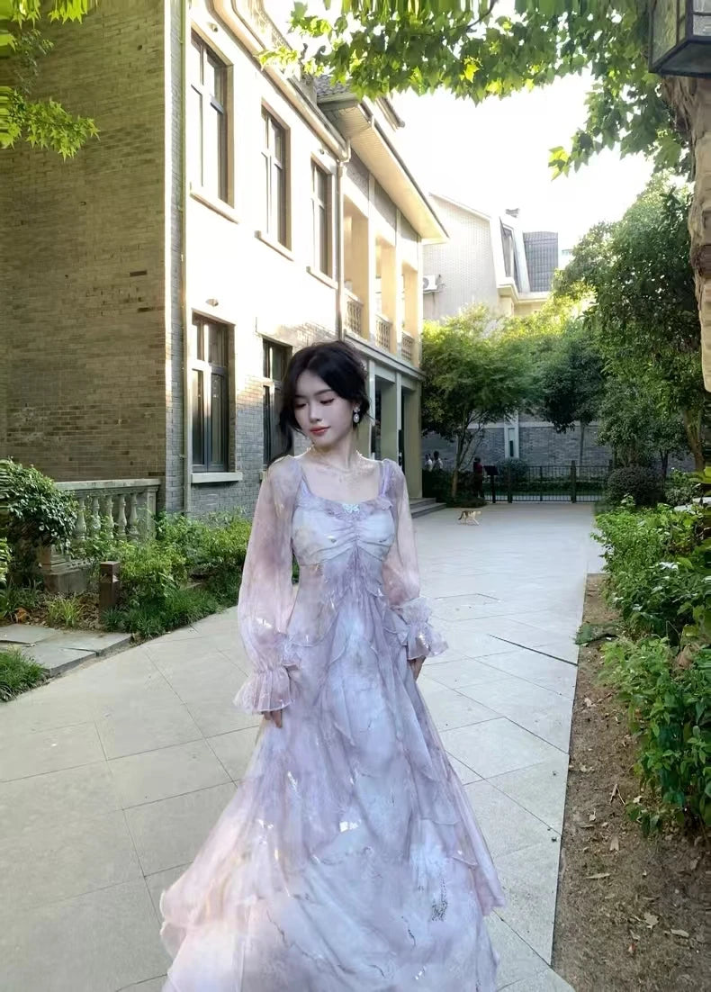 Summer Elegant Print Fairy Long Chiffon Dresses Women Off Shoulder Ruffles A-Line Birthday Party Dress One Piece Vestidos New