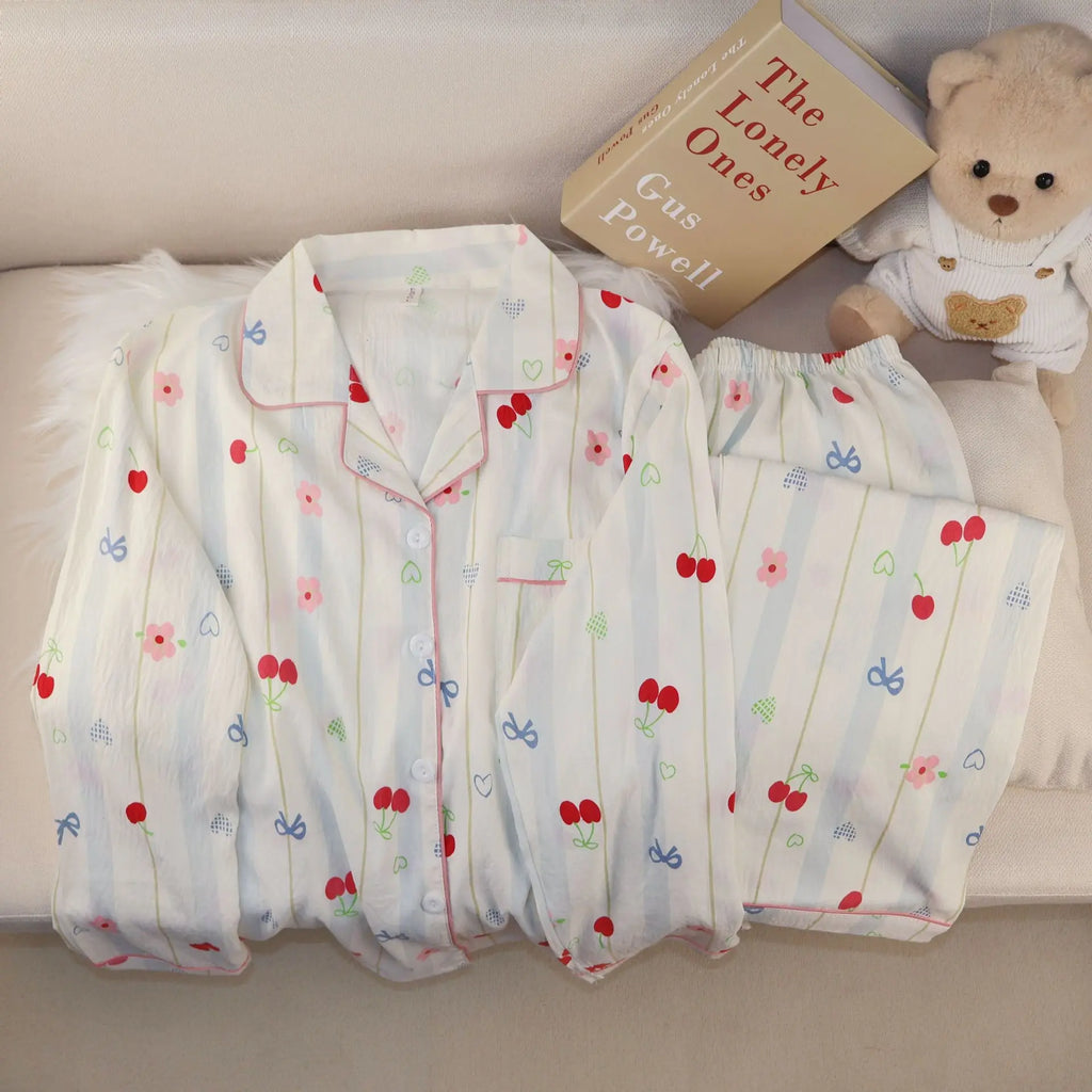 New Pajamas with Cherry Print for Girls Sweet Collared Cardigan Two-Piece Home Outfit Women's Sleepwear Homewear Student