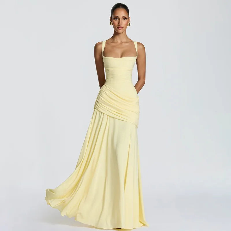 Women Yellow Low Cut Backless High Waisted Dress Cincher Spaghetti Strap Vestidos Party Club Women Robe Elegant Evening Dress