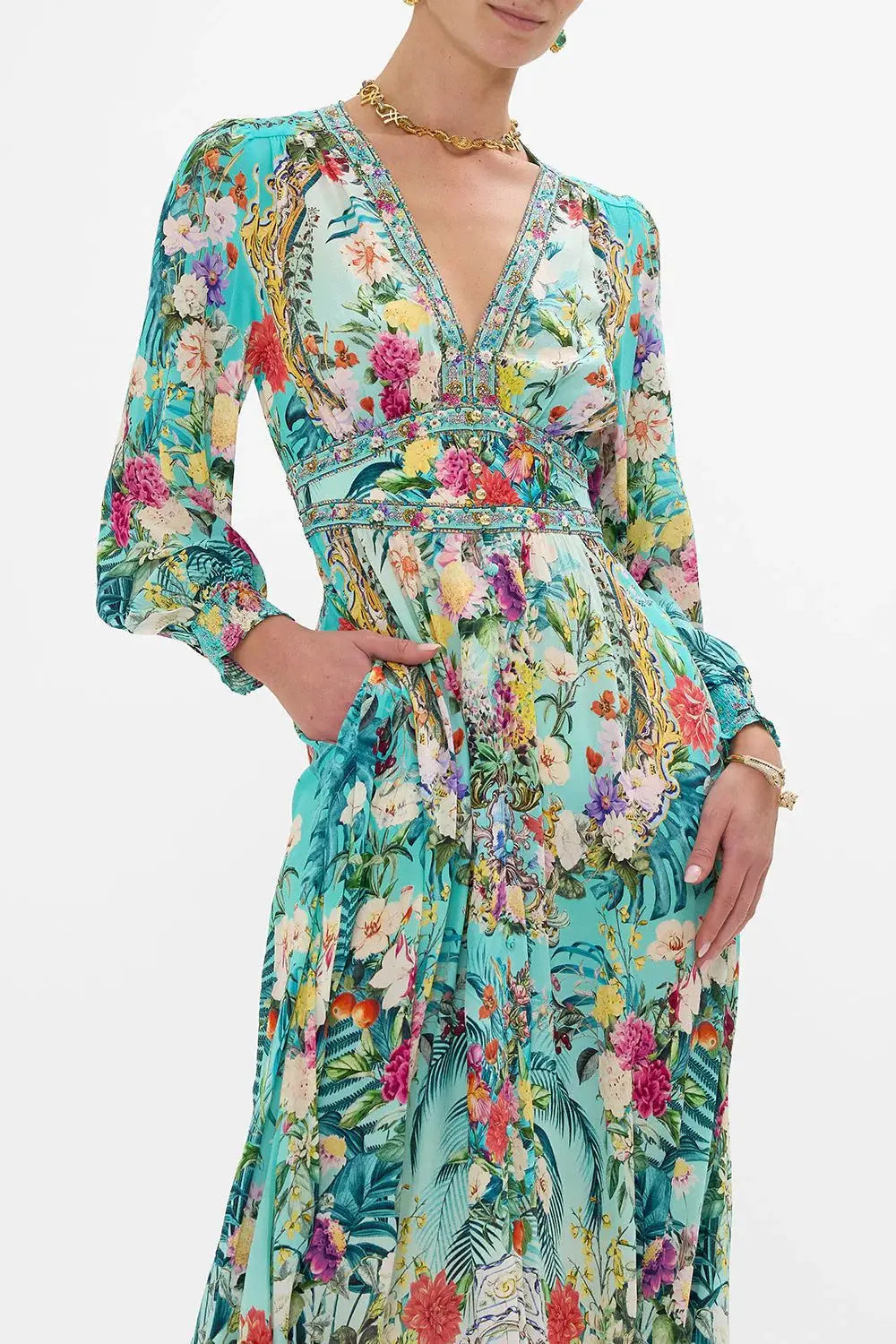 European and American New Arrival Hot Sale PrintingVCollar Long-Sleeved Bubble Sleeve Waist-Tied Summer New Women's Clothes
