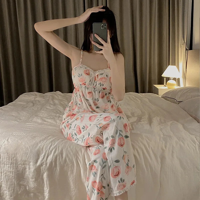 Three-Piece Set of Women Pajamas with Chest Pads Small Floral Suspender Pajamas Ladies Long-Sleeved Trousers Sling Nightwear