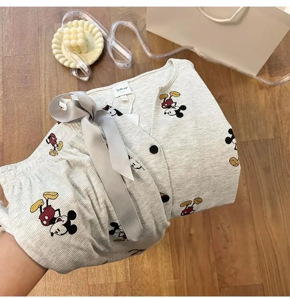 Potdemiel Mickey Women's Pajama Set Autumn, Korean Style Long Sleeve Loungewear, Premium Cotton Sleepwear with Pants