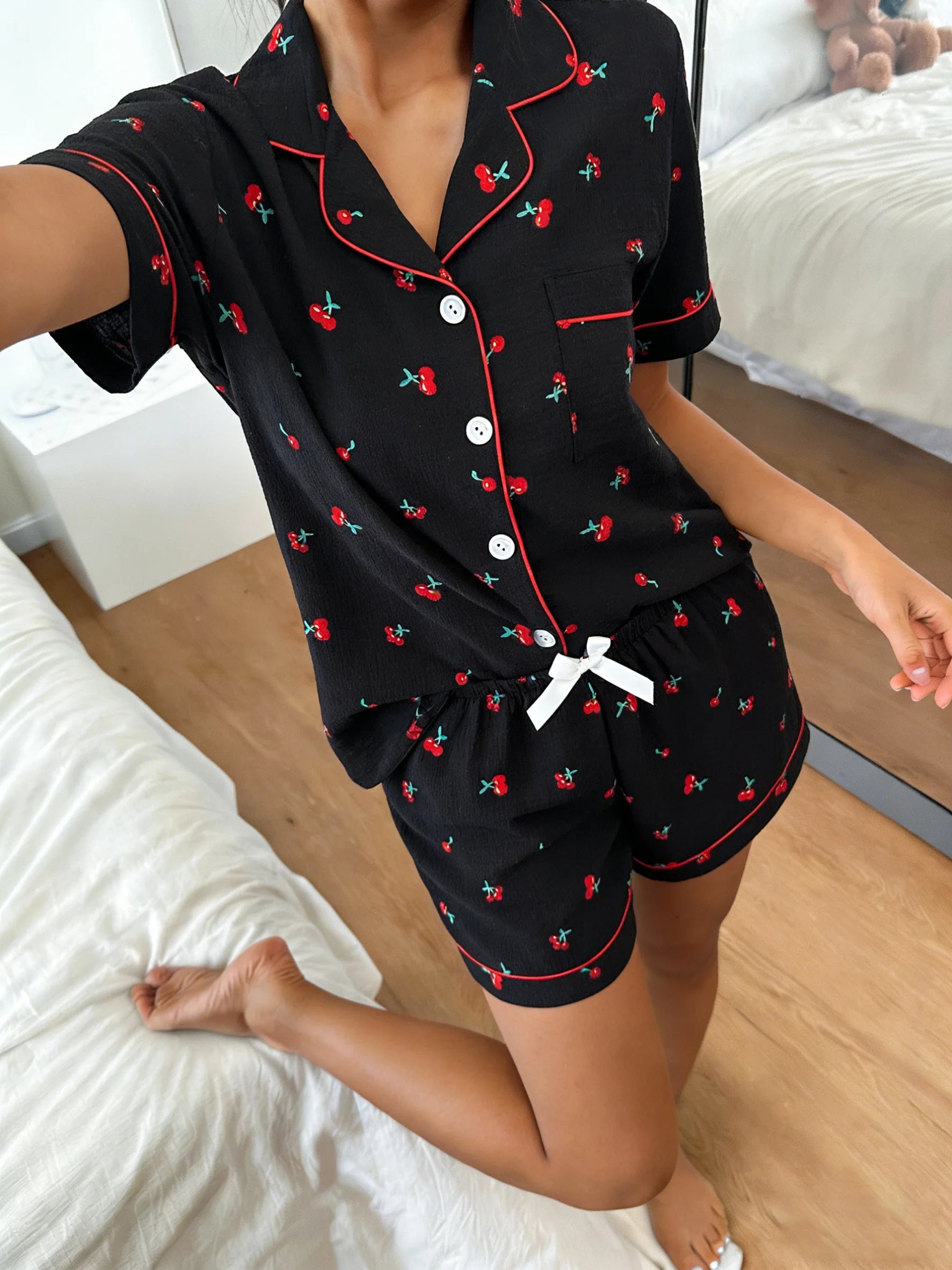 Women Pajamas Cardigan Lapel Short Sleeve Shorts Two Piece Set Loungewear Spring Summer Cute Cherry Print Black Base Loose Comfo