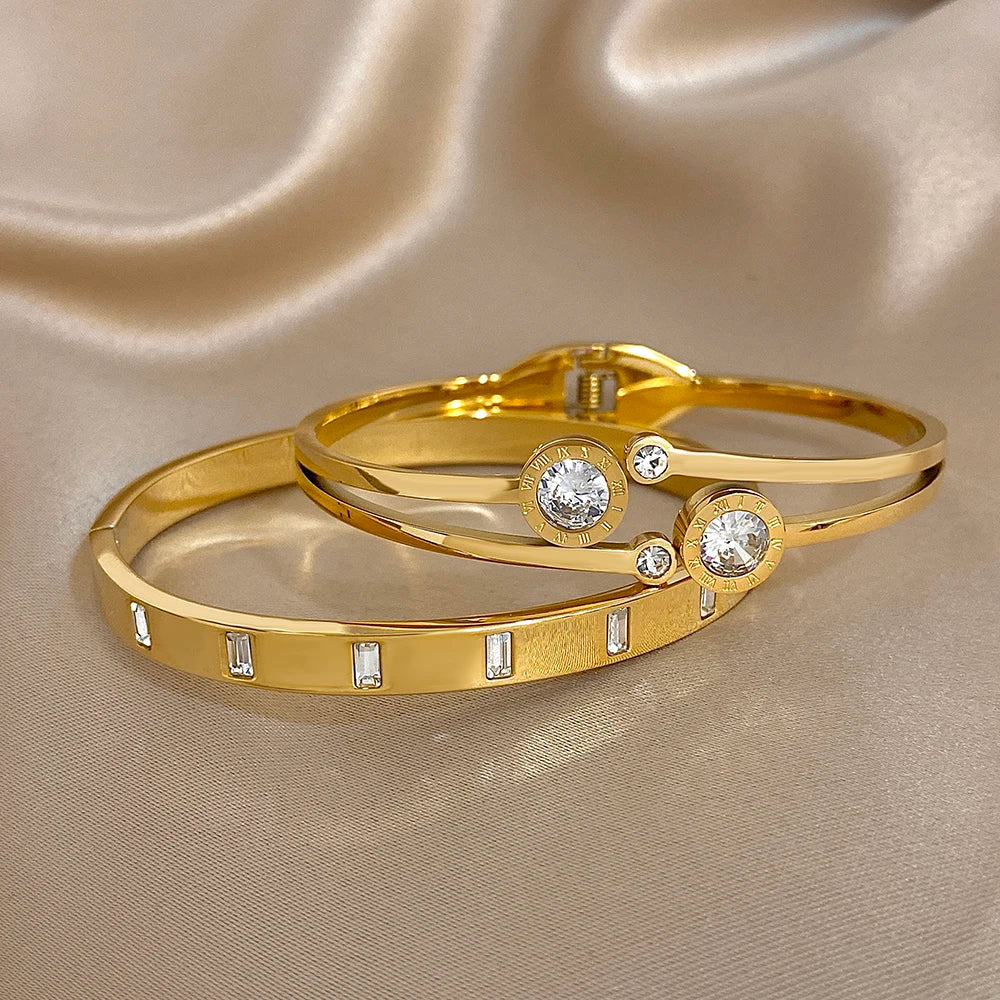 New Stainless Steel Waterproof Cuff Bracelet Bangle For Women Exquisite Shiny Inlaid Zircon Geometric Stacked Jewelry Gifts