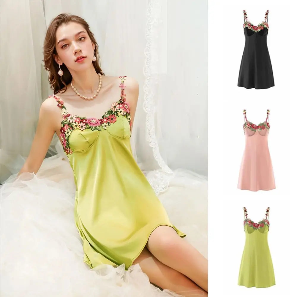 Flower Embroidery Women's Pajama Dress Sleeveless Thin Satin Silk Suspender Nightdress Sleepwear Beauty Back
