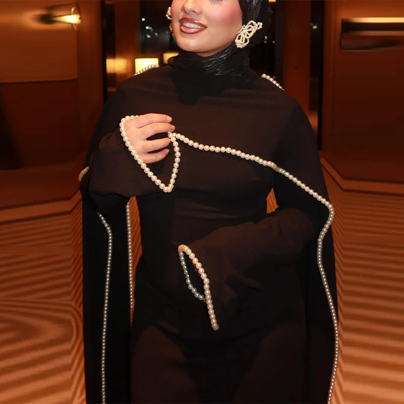 White Pearl Trim Cape Maxi Dress Women Elegant Long Sleeve Cinched Waist Muslim Robes 2026 Spring EID Abaya Lady Dresses