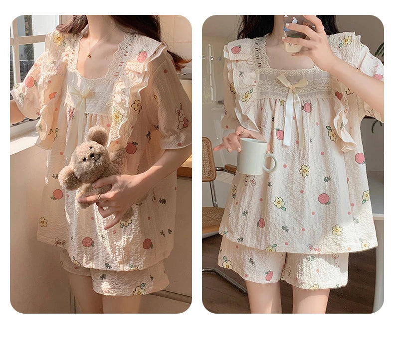 Women's Summer Floral Animal Print Short Sleeve Pajama Set  Cute Cartoon 2-Piece Pajamas Square Collar Kawaii Nightwear