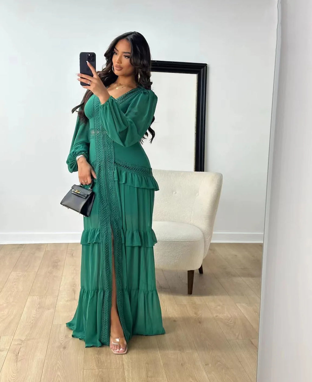 Elegant Womens Maxi Dress Ruffles Long Sleeve Hollow Out Evening Dresses Party Chic Robe Green Blue Purple New In Holiday Summer