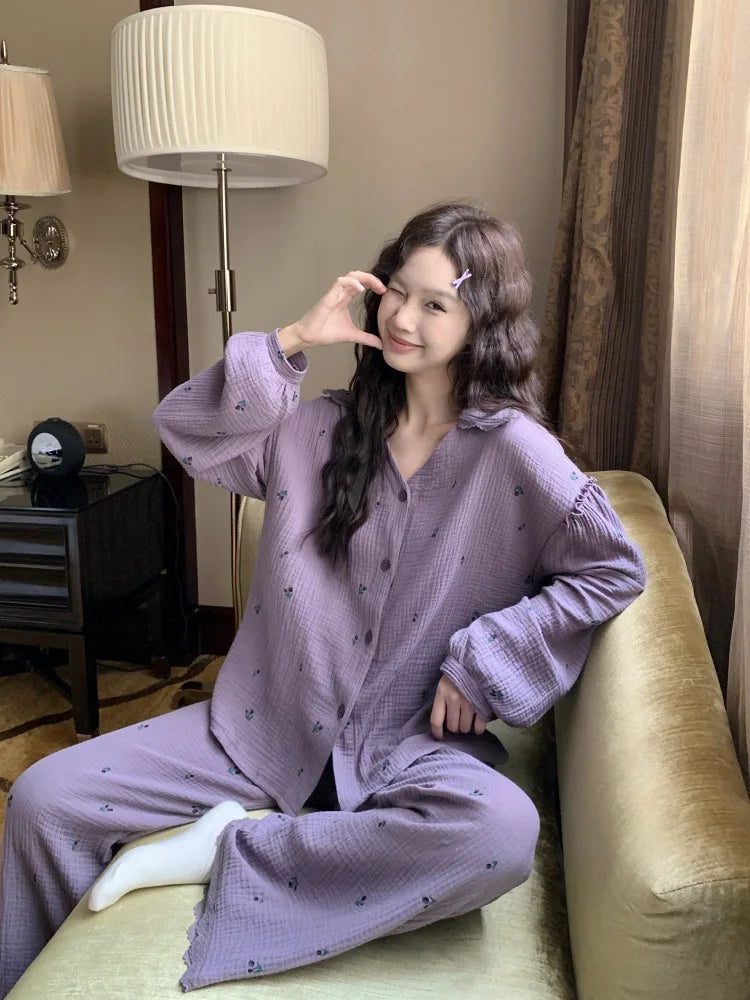 Cute Lapel Sweet Girl's Small Floral Pajama Spring New Elegant Women's Long Sleeved Pant Home Suit Set Comfortable Skin Friendly