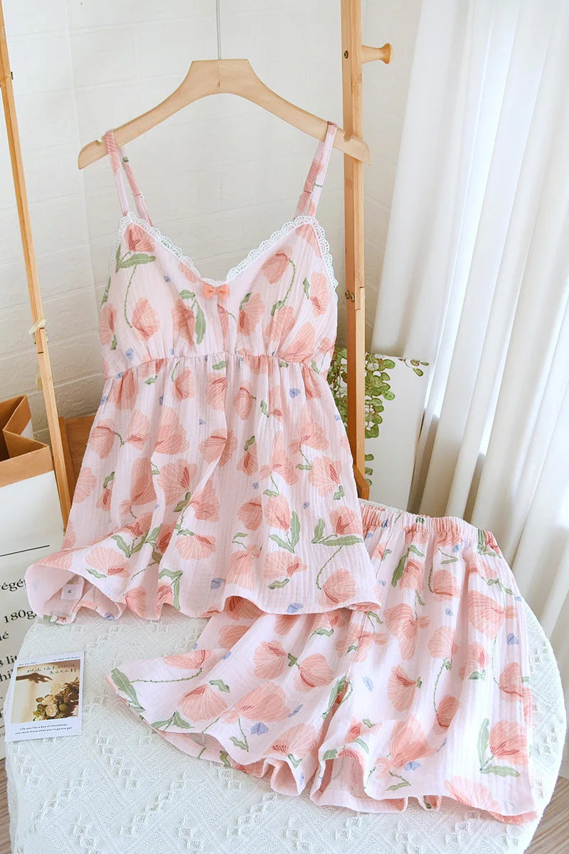 2026 New Summer Women's Pajama Set 100% Cotton Suspenders+Shorts with Chest Pads Two Piece Set of Ladies Flower Home Furnishings