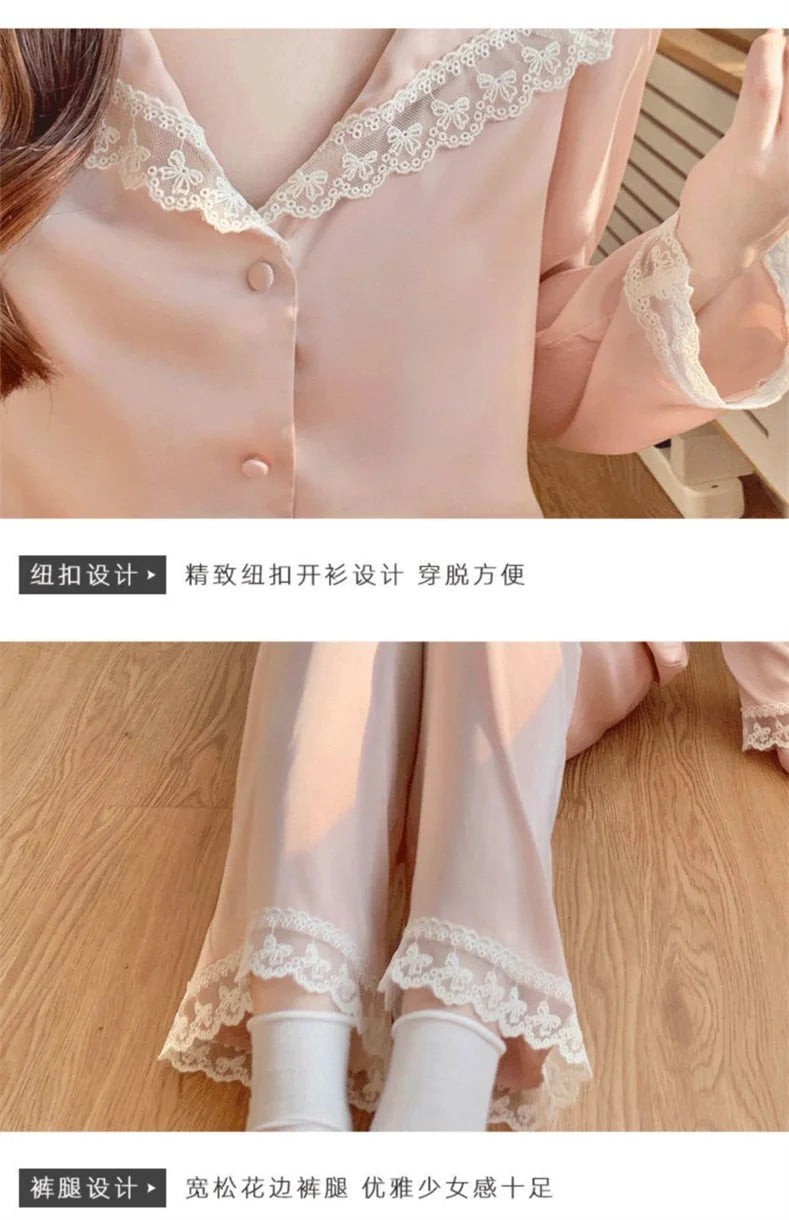 Two Piece Pajamas Set Women Satin Nightwear Home Clothes Spring Autumn Long Sleeve Shirt&pants Sleepwear Suit