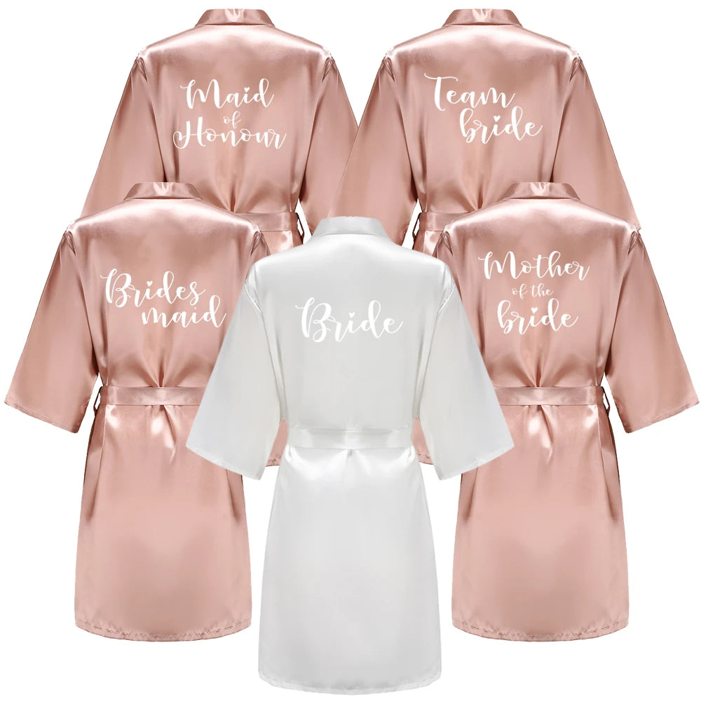 Women's Satin Kimono Robes With White Letter Bride Bridesmaid Short Getting Ready Wedding Dressing Gown