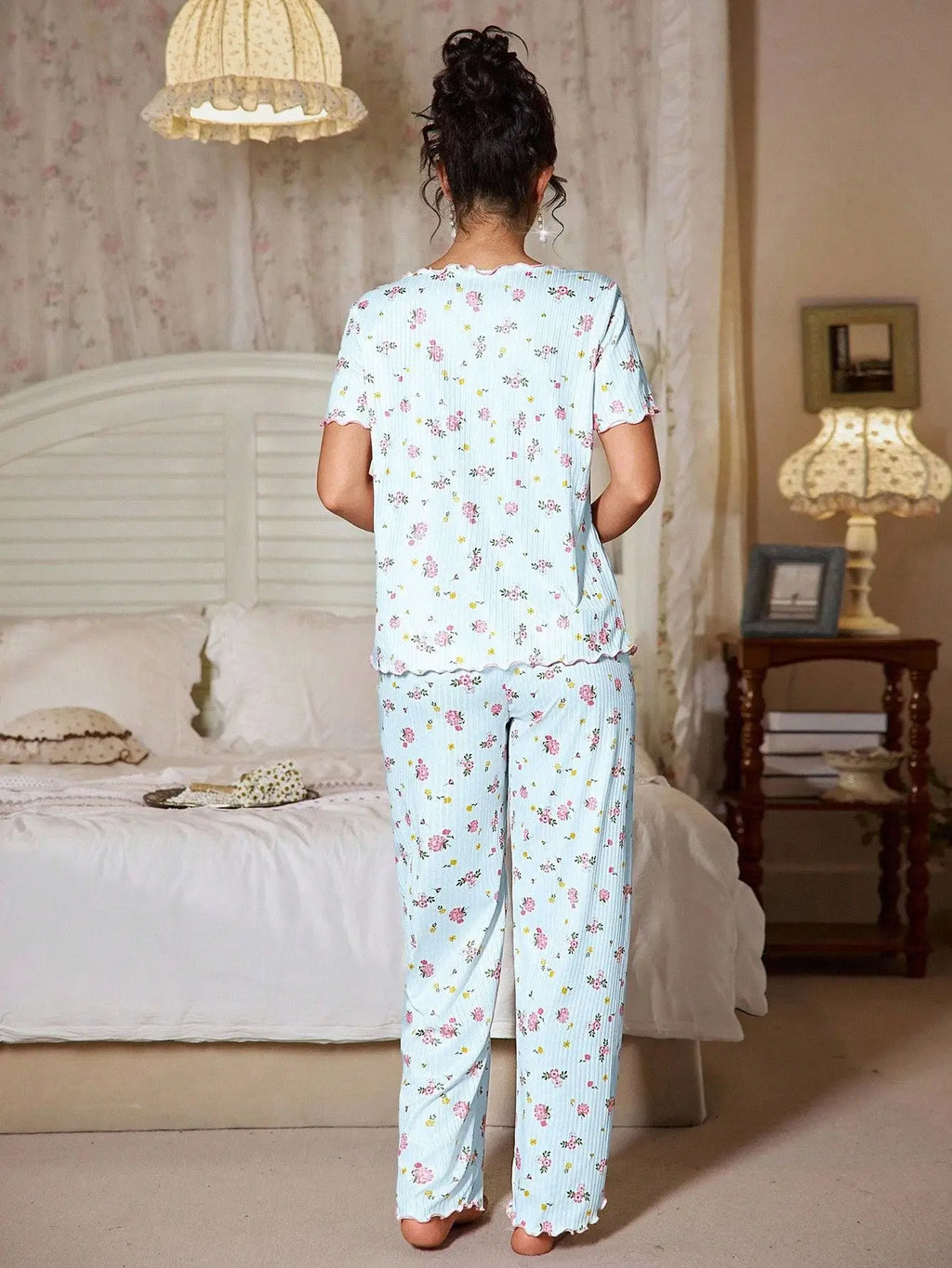 New European and American style loose-fitting women's pajamas, floral short-sleeved long pants home wear, casual two-piece set s