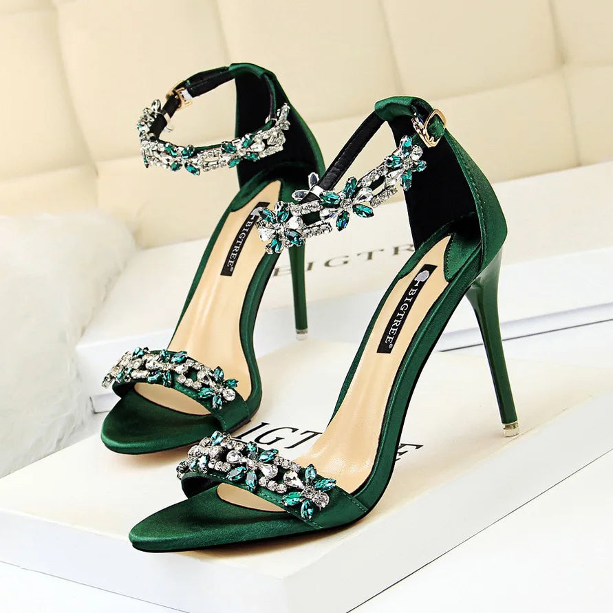 Open Toe Rhinestones Sandals Women 2024 New Designer Luxury High Heels Female Shoes Summer Heeled Satin One Word Belt 368-1