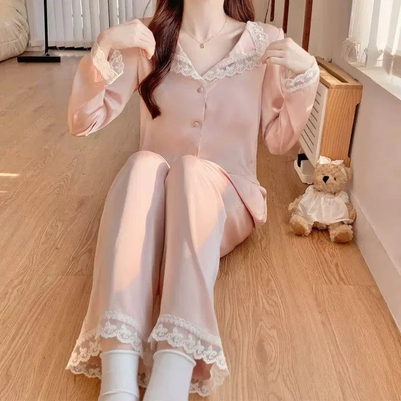 Two Piece Pajamas Set Women Satin Nightwear Home Clothes Spring Autumn Long Sleeve Shirt&pants Sleepwear Suit