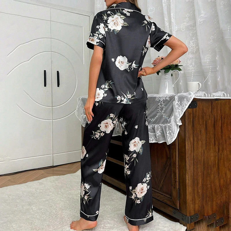 Women's Silk Pajama Set With Floral Print Short-Sleeve Lapel Chest Pocket Top And Long Pant Cozy Sleepwear Elegant Nightwear Pjs