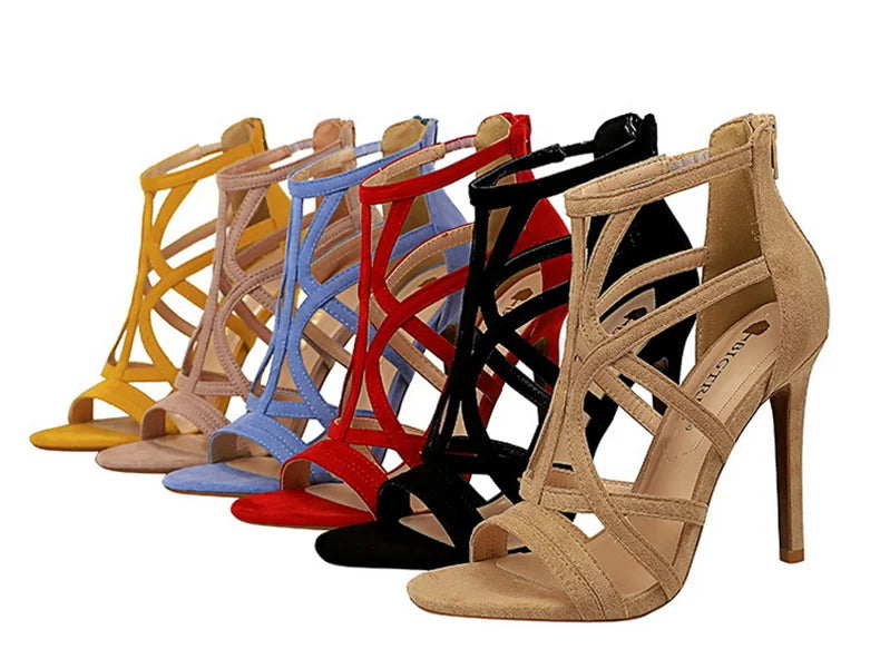 Women Roman style Thin High Heels Pumps Pointed Toe Suede Hollow Strap Party Shoes Solid Solid Ankle Zip Summer Sandals