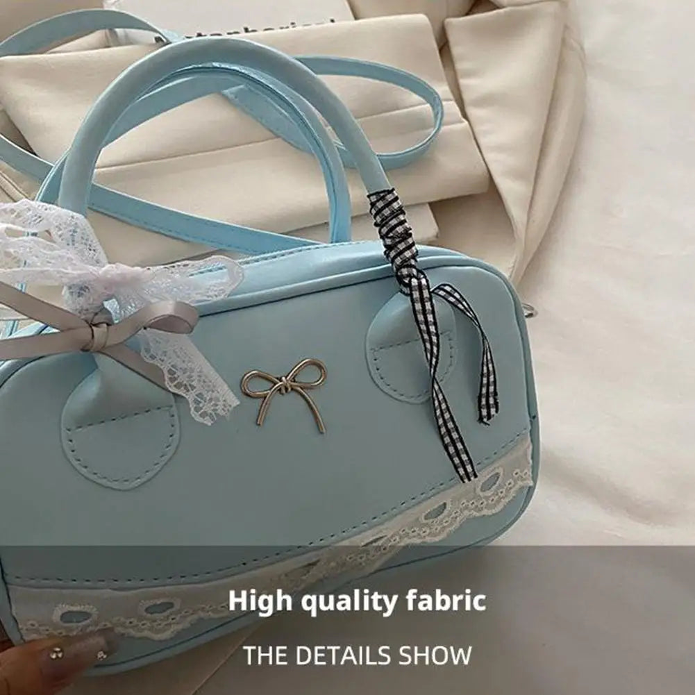 Simple Elegant Handbag Boston Shoulder bag Lace Ribbon Bow Decor Crossbody Bag Small Square Bag Casual Women Bags ﻿
