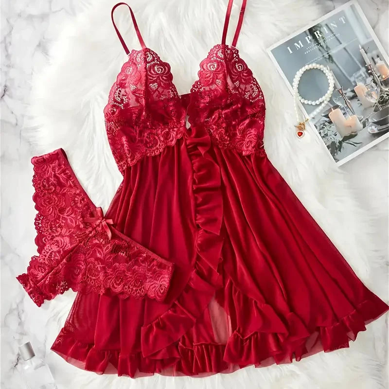 Transparent Lace Women Erotic Open Bra Blue Sling Nightgown Underpants Set Deep V Wedding Night Nightgown Sexy Lingerie Costumes