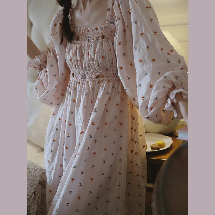 100% Cotton Doen Fairy Embroidered Dress Retro Sweet Cotton Princess Style Floral Sleep Skirt Outside Spring Autumn Sleepwear