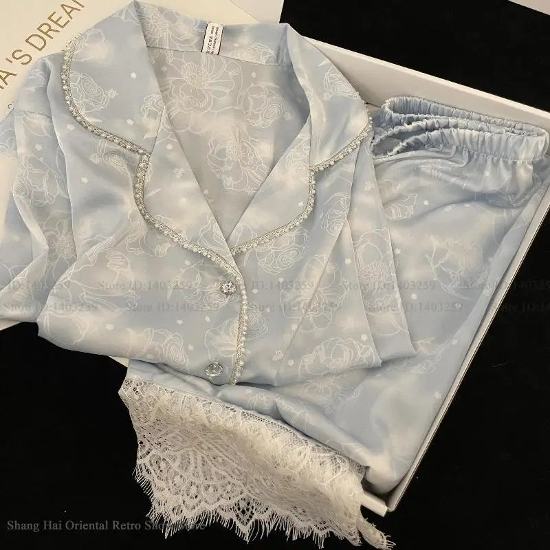 Plus Size 4XL Female 2PCS Pajamas Set Loungewear Sweet Girl Print Flower Lace Sleepwear Long Sleeve Pijamas Silk Satin Homewear