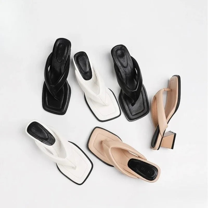 Designer Womens Flip Flops New Fashion Square Head High Heeled Sandals for Woman Summer Comfort Outdoor Slippers Sandalias Mujer