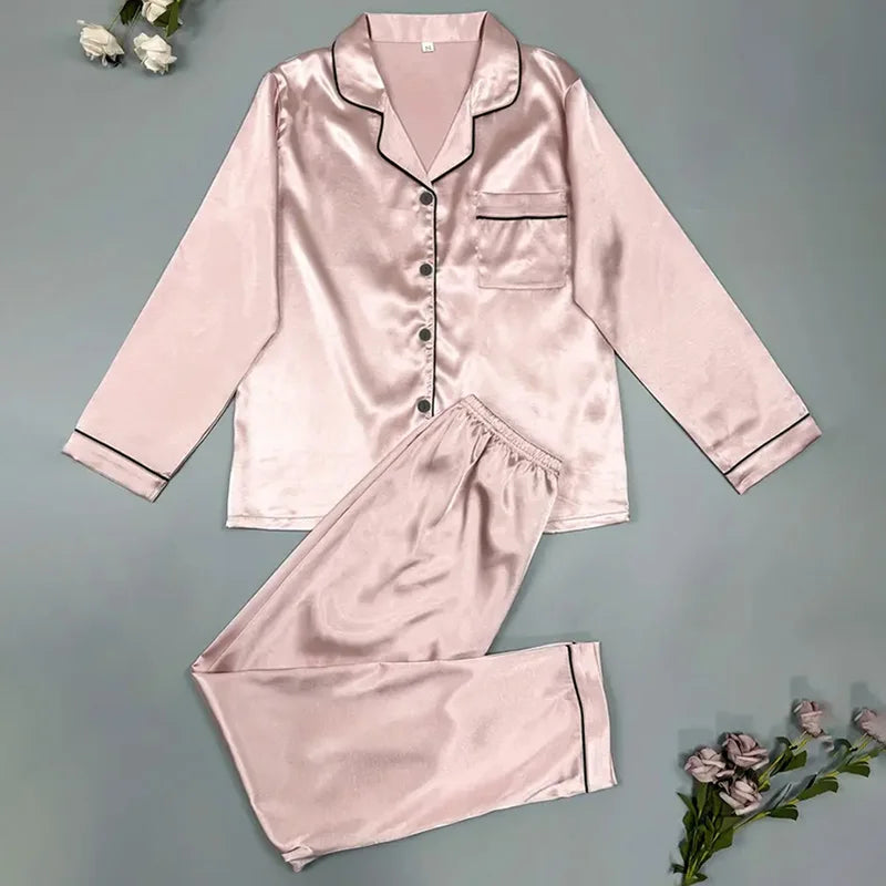 Women's Sleepwear Simple Satin Pajama Set Long Sleeve Buttons Lapel Top With Elastic Pants Loungewear Nightwear 2 Piece Nighty
