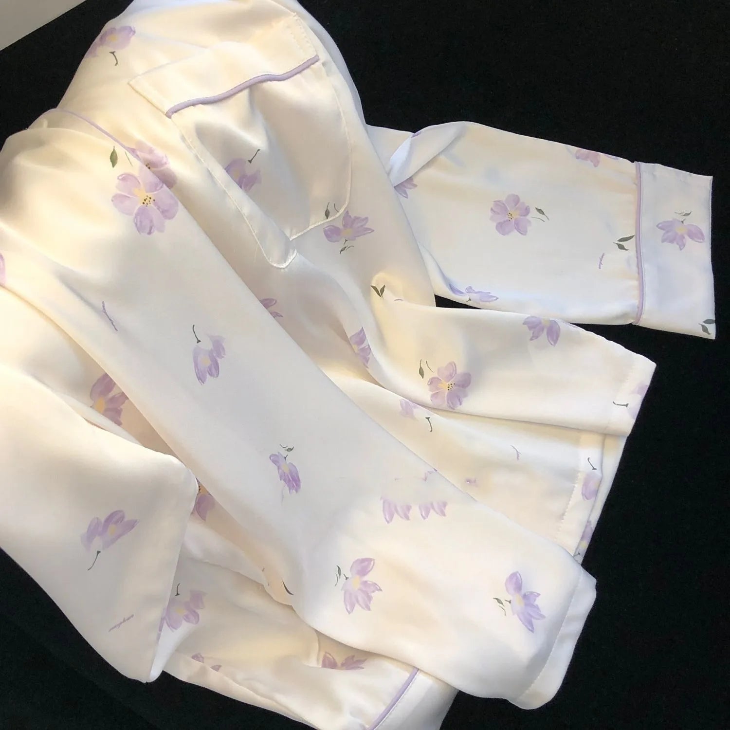 2024 New Ice Silk 2 Pieces Pajamas for Women Autumn Spring Women's Pajamas Set Elegant Ptinting Flower Home Wear Soft Sleepwear