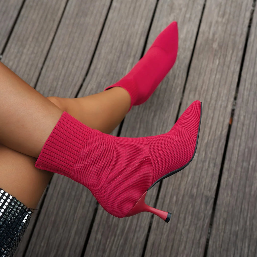 Spring Autumn Women Ankle Boots Slip-On Green Chelsea Boots Women Luxury Stretch Fabric Women Socks Shoes Pointed Toe High Heels