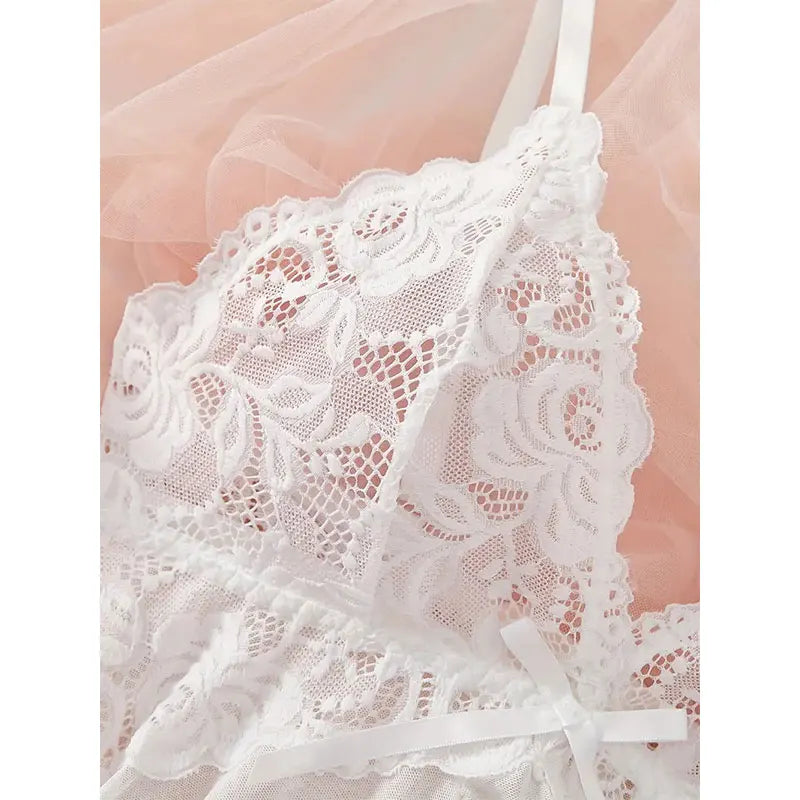 Transparent Ultra-short Dress Sexy Lingerie Lightweight Deep V Sling Nighty Loungewear Women's Pajamas Lace Nightdress Female