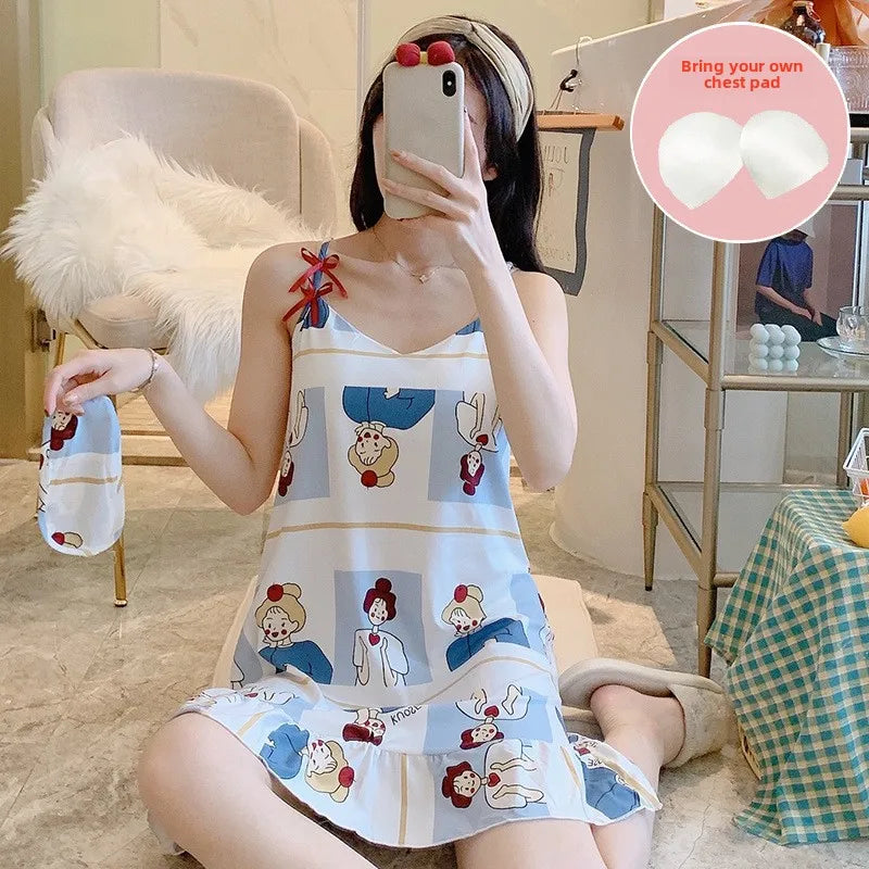 New with Bra Pad, Free Eye Mask, Sling, Loose and Cute Cartoon Animal Pajamas, Nightgown Role-playing Sleepwear Women