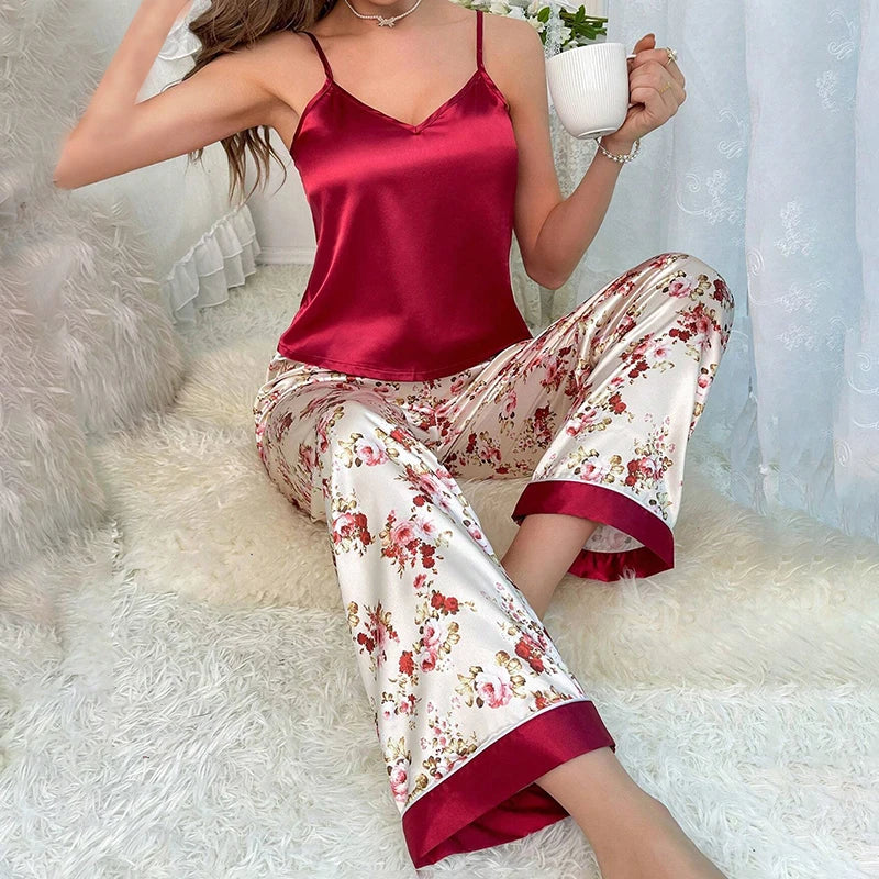 Sexy Floral Print Satin Pajama Set For Women Satin Sleeveless V-Neck Slip Cami Top And Long Pants For Fall Fit Silky Sleepwear