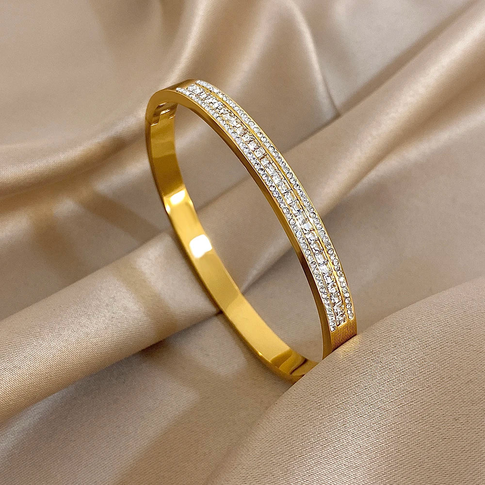 New Stainless Steel Waterproof Cuff Bracelet Bangle For Women Exquisite Shiny Inlaid Zircon Geometric Stacked Jewelry Gifts