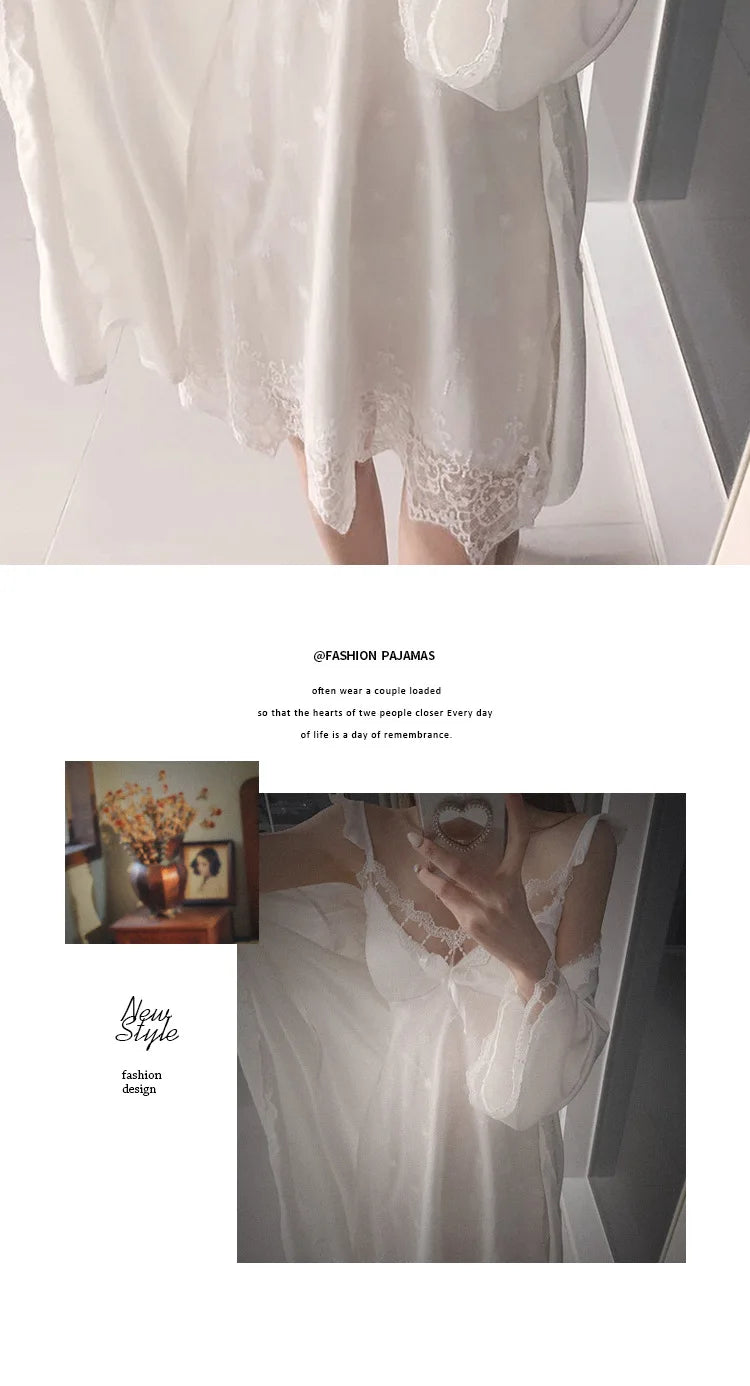 Bride Wedding Dress Set Dot Lace Flower Nightgown Lady White 2Pcs Nighty&dress Suit Sleepwear Satin Loungewear Kimono Bathrobe