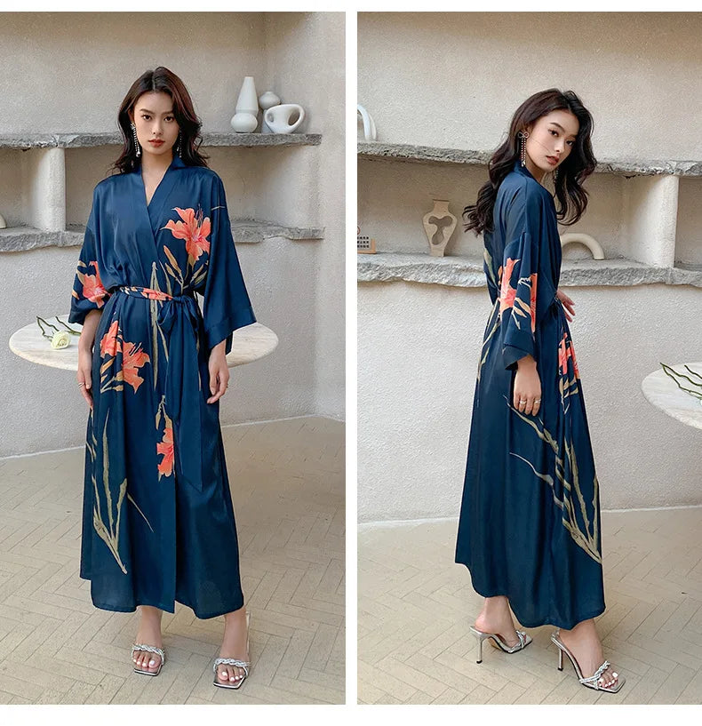 New Spring Summer Female Long Robe Nightgown Sexy Print Flower Kimono Bathrobe Gown Casual Silk Satin Home Dress Lounge Wear