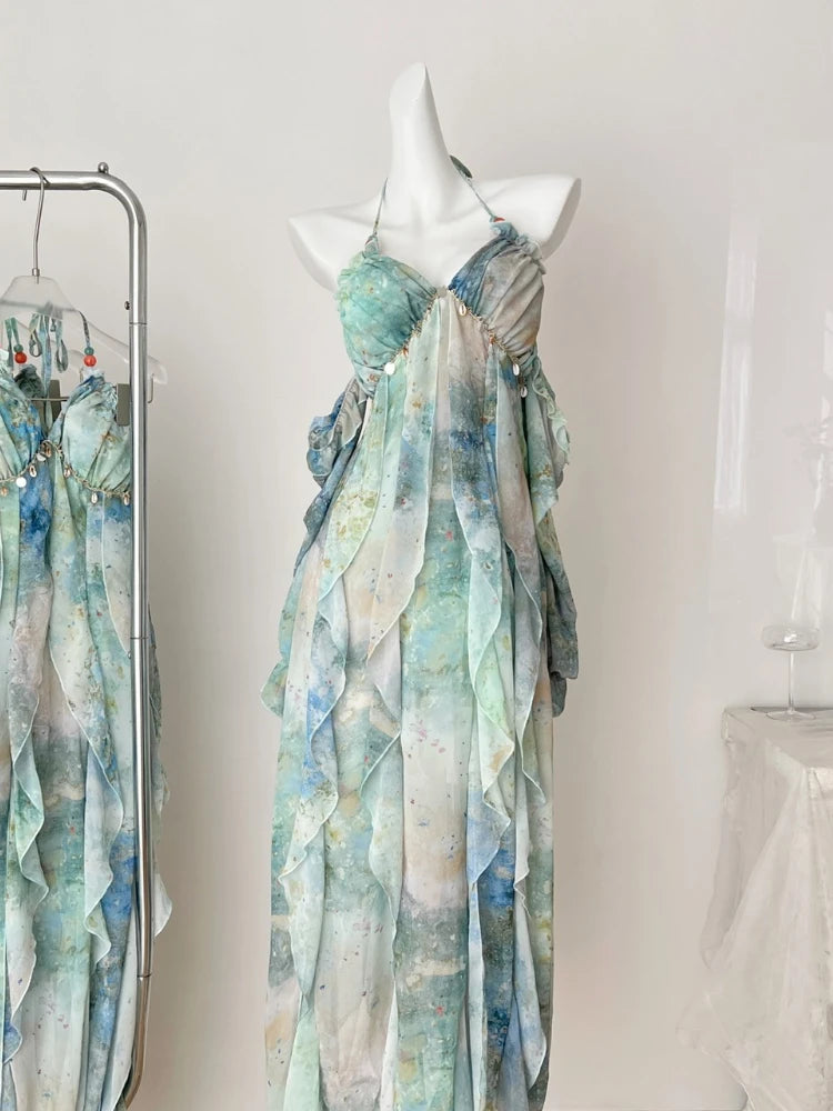 2025 Elegant Halter Neck Ruffled Maxi Dress Women Blue Green Floral Print Bohemian Design Beach Vacation Casual Party Dress New