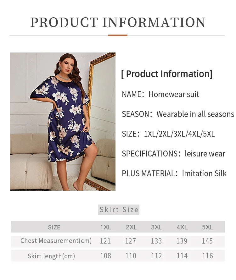 LX New plus size sleepwear, women's mid to long print pullover dress, home wear, silk ice silk nightgown