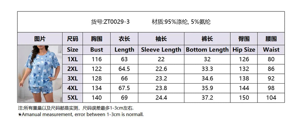 5XL Plus Size Women Pajama Set Print Sleepwear Short Sleeve Top with Shorts Summer Comfy Sleepwear 2 Pieces Loose Home Clothes