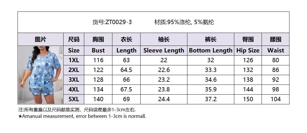 5XL Plus Size Women Pajama Set Print Sleepwear Short Sleeve Top with Shorts Summer Comfy Sleepwear 2 Pieces Loose Home Clothes