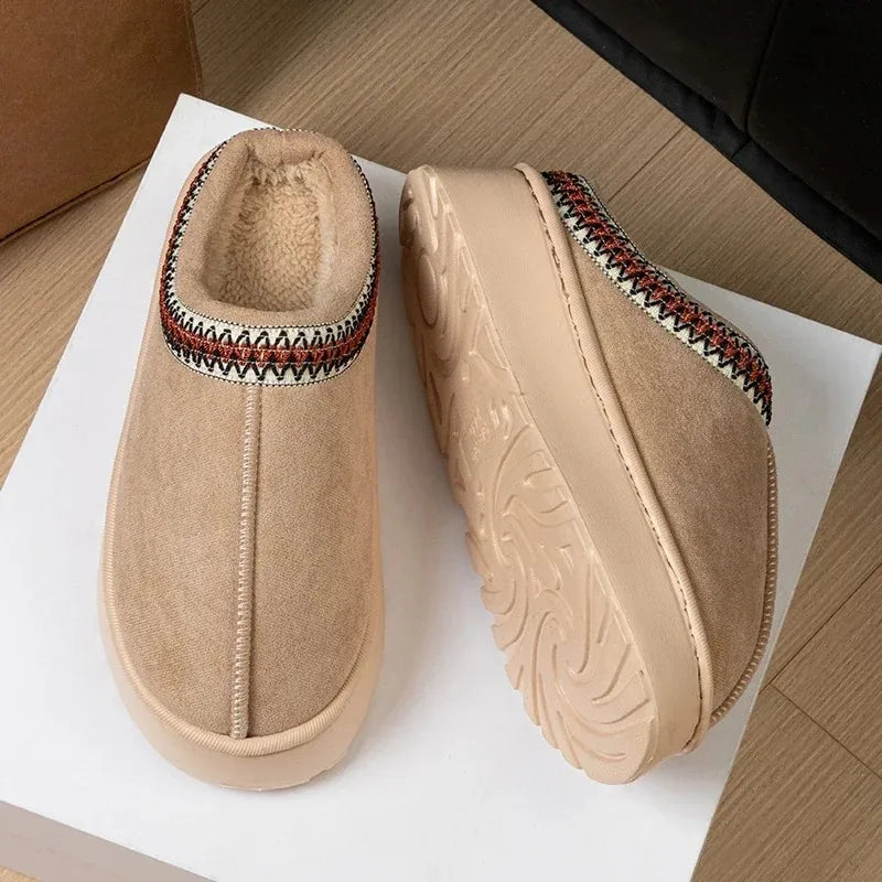 Hot Winter Women Slippers Plush Interior Anti Slip Thick Sole Fashion Embroidered Warm House Shoes for Ladies