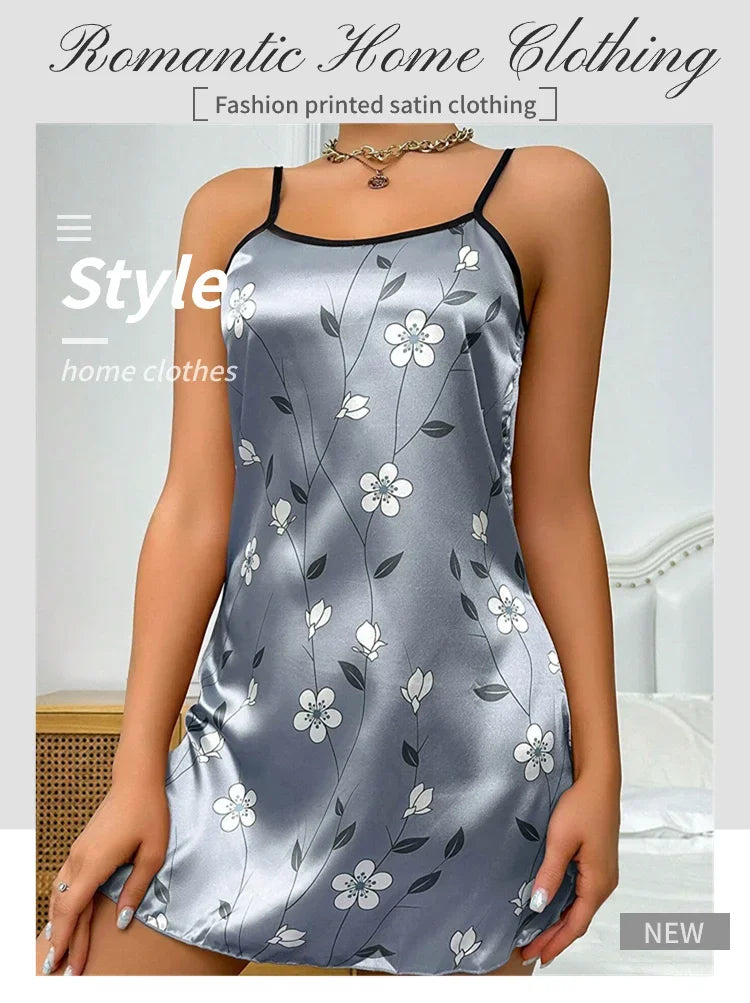 Ladies Sexy Sling Nightgown Nightdress Women's Sexy Lingerie Silk Satin Sleepwear Floral Pinting Nightwear Homewear Mini Dress