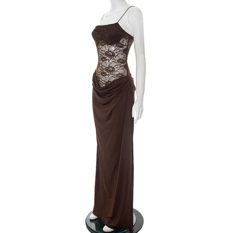 Mozision One Shoulder Lace See Through Sexy Maxi Dress Women Gown Fashion Off-shoulder Sleeveless Backless Club Long Dresses