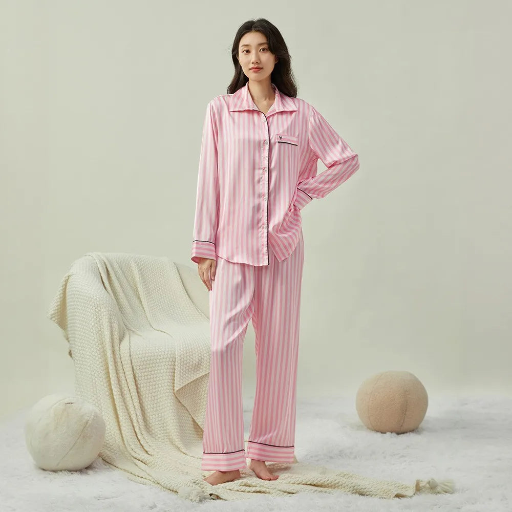 Women Striped Satin Pajama Set Autumn Cardigan Long Sleeve Pants Loose Casual Wear Fashion Classic Pink sleepcoat Two Piece Set